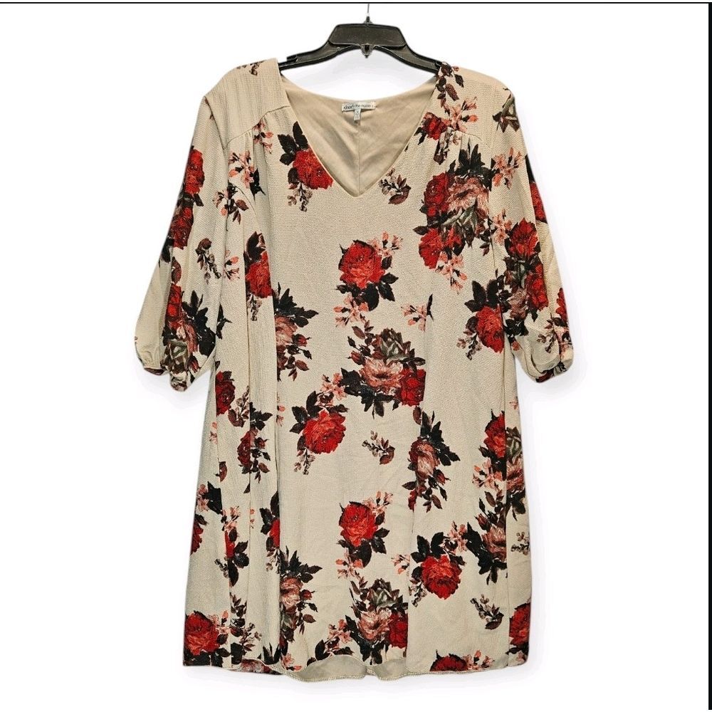 Charlotte Russe Dress Womans Size 1X Beige Red Floral V Neck Tunic Made In‎ USA